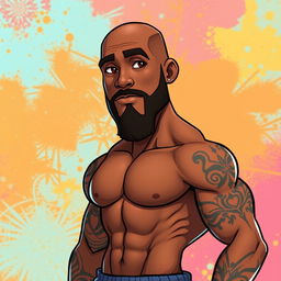 An animated portrayal of a man with a brown skin tone, featuring an athletic physique and confidently standing without a sweatshirt
