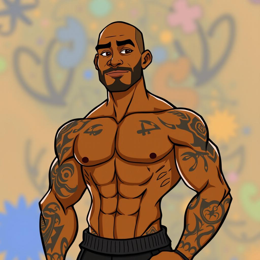 An animated portrayal of a man with a brown skin tone, featuring an athletic physique and confidently standing without a sweatshirt