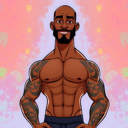 An animated portrayal of a man with a brown skin tone, featuring an athletic physique and confidently standing without a sweatshirt