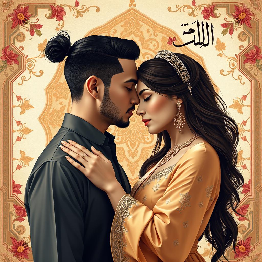 A beautifully composed artwork depicting a sensual moment between two adults, inspired by Islamic art elements