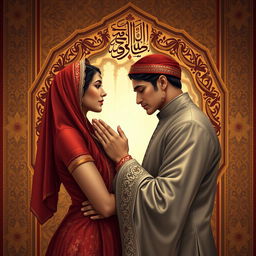 A beautifully composed artwork depicting a sensual moment between two adults, inspired by Islamic art elements