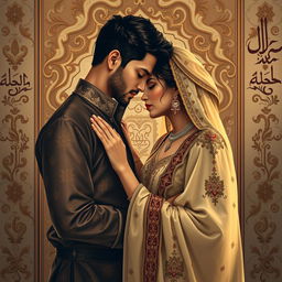 A beautifully composed artwork depicting a sensual moment between two adults, inspired by Islamic art elements