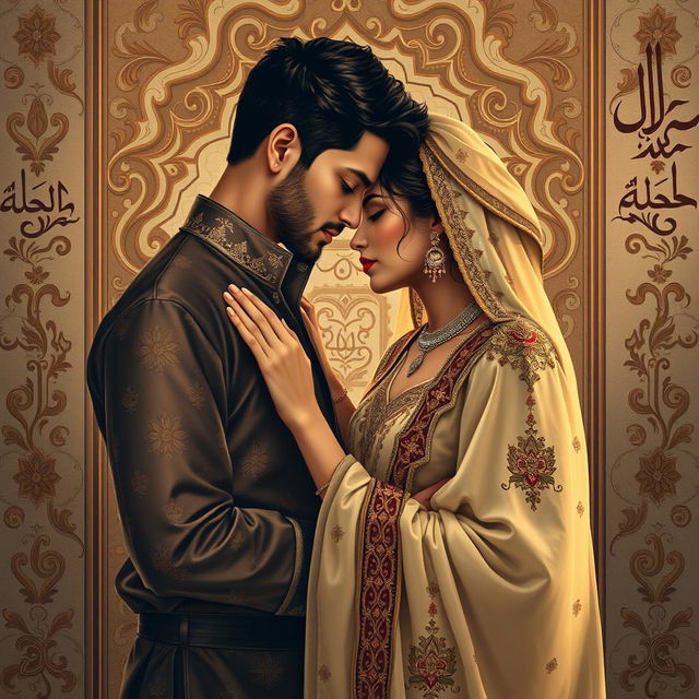 A beautifully composed artwork depicting a sensual moment between two adults, inspired by Islamic art elements