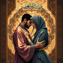 A beautifully composed artwork depicting a sensual moment between two adults, inspired by Islamic art elements