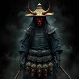 A shadowy figure named Kenji Hittori, with long, flowing black hair cascading down to his waist, symbolizing a haunting remnant of his humanity