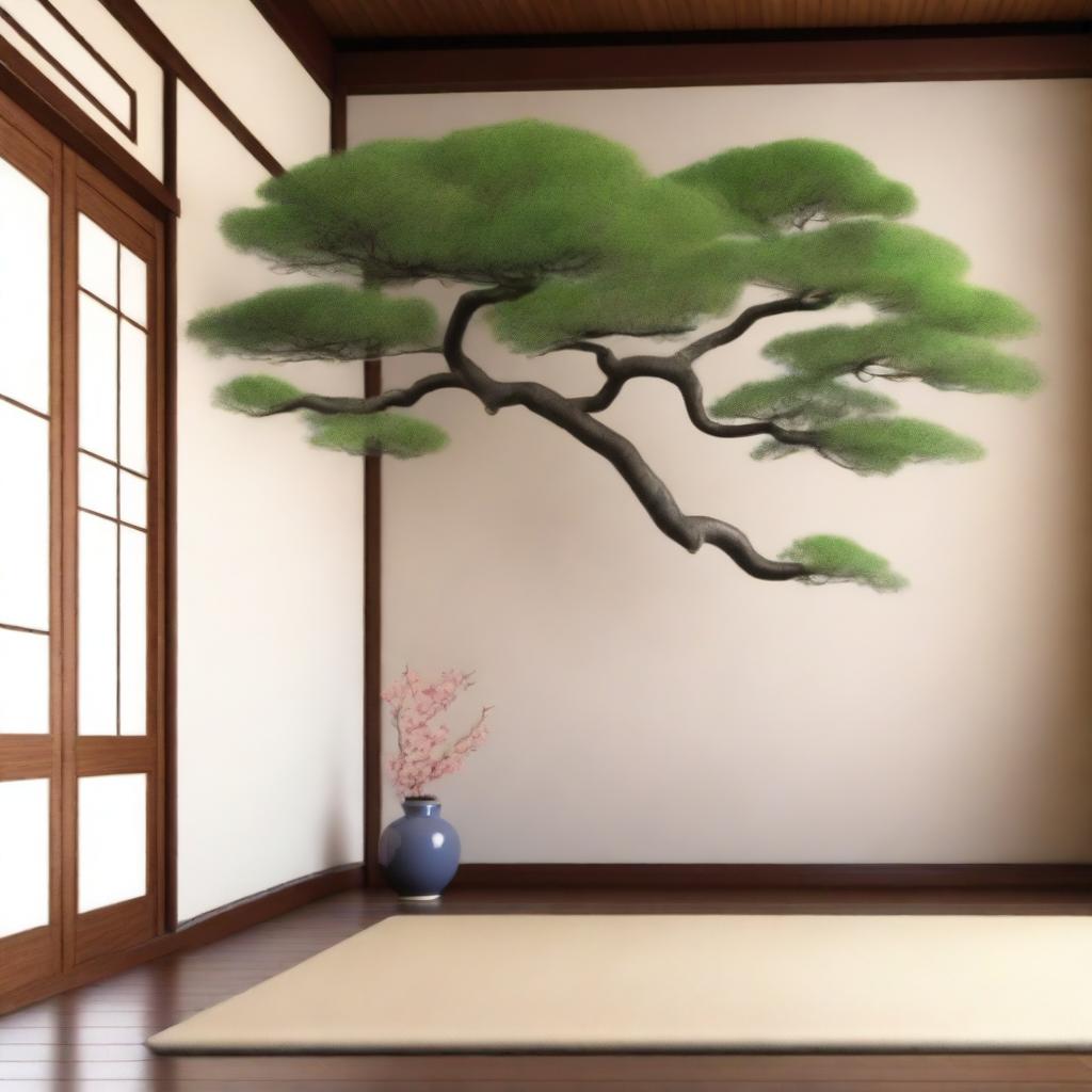 A photorealistic depiction of a Japanese style house interior, adorned with traditional decor and a Japanese decor tree