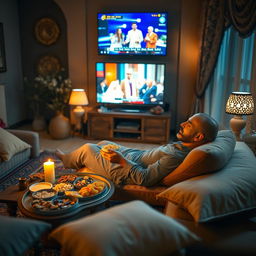 A cozy living room scene featuring an adult man lounging on a traditional Arabic rug (جربايه), comfortably reclining while watching television