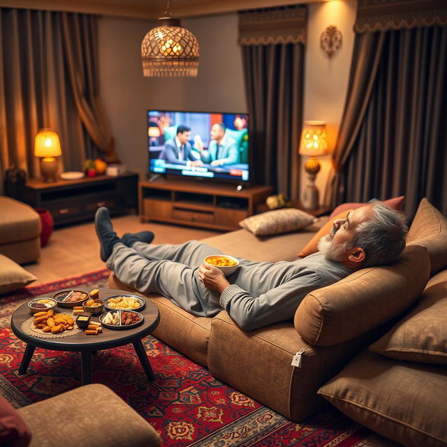 A cozy living room scene featuring an adult man lounging on a traditional Arabic rug (جربايه), comfortably reclining while watching television