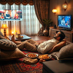 A cozy living room scene featuring an adult man lounging on a traditional Arabic rug (جربايه), comfortably reclining while watching television