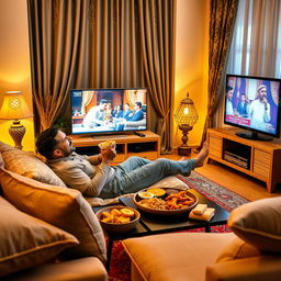 A cozy living room scene featuring an adult man lounging on a traditional Arabic rug (جربايه), comfortably reclining while watching television