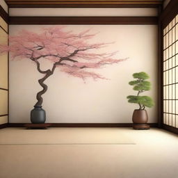 A photorealistic depiction of a Japanese style house interior, adorned with traditional decor and a Japanese decor tree