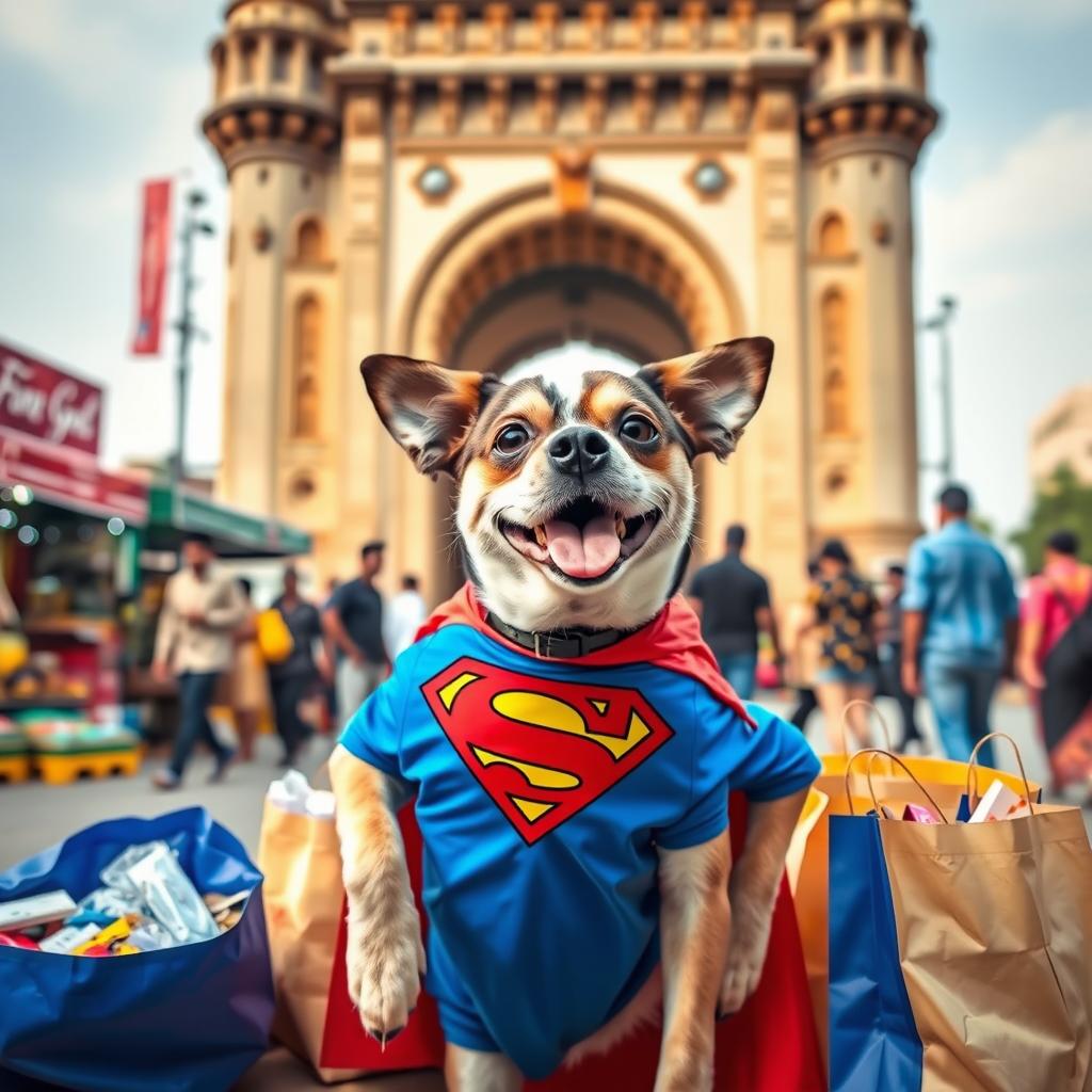 A cute dog dressed in a Superman costume, standing proudly while shopping near the famous Charminar in Hyderabad, India