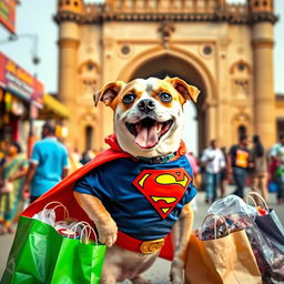 A cute dog dressed in a Superman costume, standing proudly while shopping near the famous Charminar in Hyderabad, India