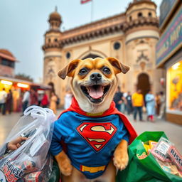 A cute dog dressed in a Superman costume, standing proudly while shopping near the famous Charminar in Hyderabad, India