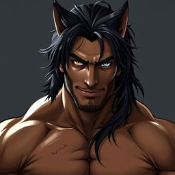 A muscular man around 30 years old with a rugged appearance and long, slightly tousled black hair reaching his shoulders