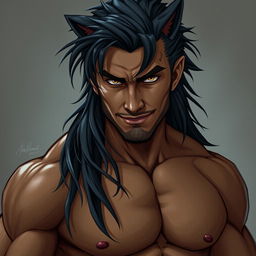 A muscular man around 30 years old with a rugged appearance and long, slightly tousled black hair reaching his shoulders