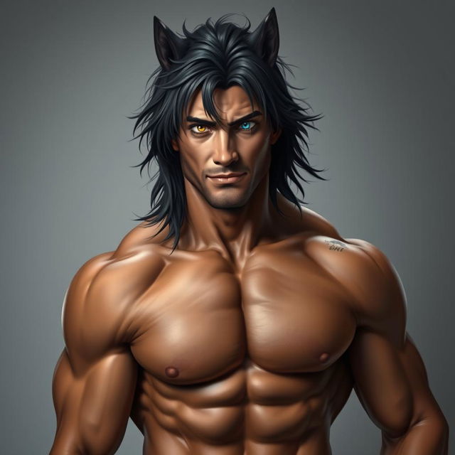 A muscular man around 30 years old with a rugged appearance and long, slightly tousled black hair reaching his shoulders