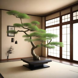 A photorealistic depiction of a Japanese style house interior, adorned with traditional decor and a Japanese decor tree