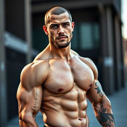 A muscular athletic man with a short beard, no hair, and a medium skin tone