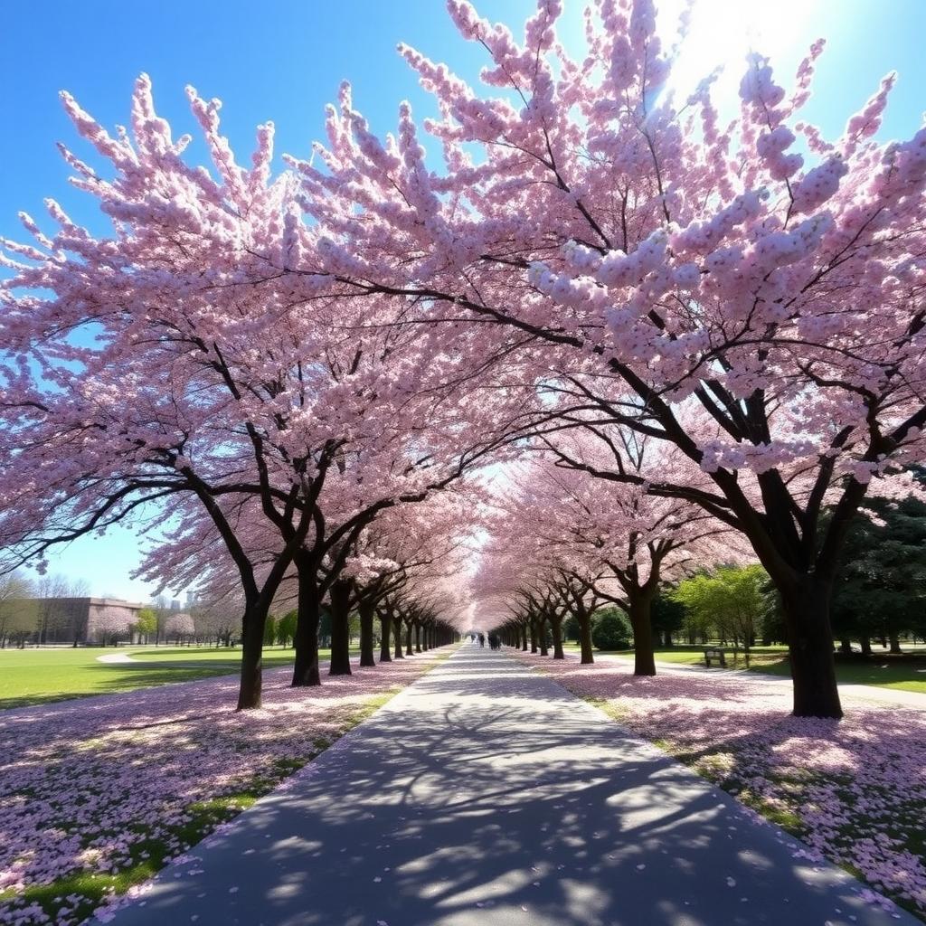 A serene pathway lined with beautiful pink cherry blossom trees, creating a picturesque scene in a tranquil park during spring