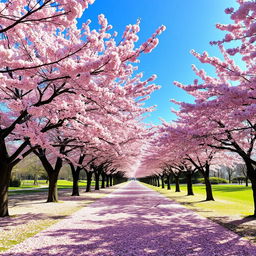 A serene pathway lined with beautiful pink cherry blossom trees, creating a picturesque scene in a tranquil park during spring