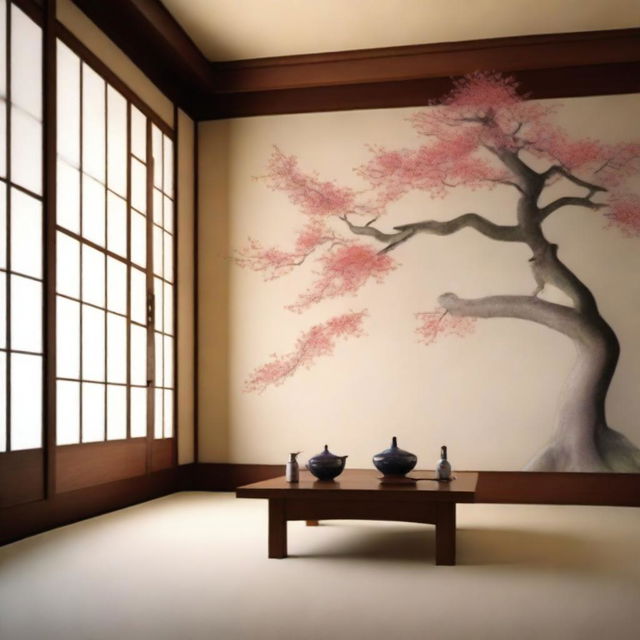 A photorealistic depiction of a Japanese style house interior, adorned with traditional decor and a Japanese decor tree