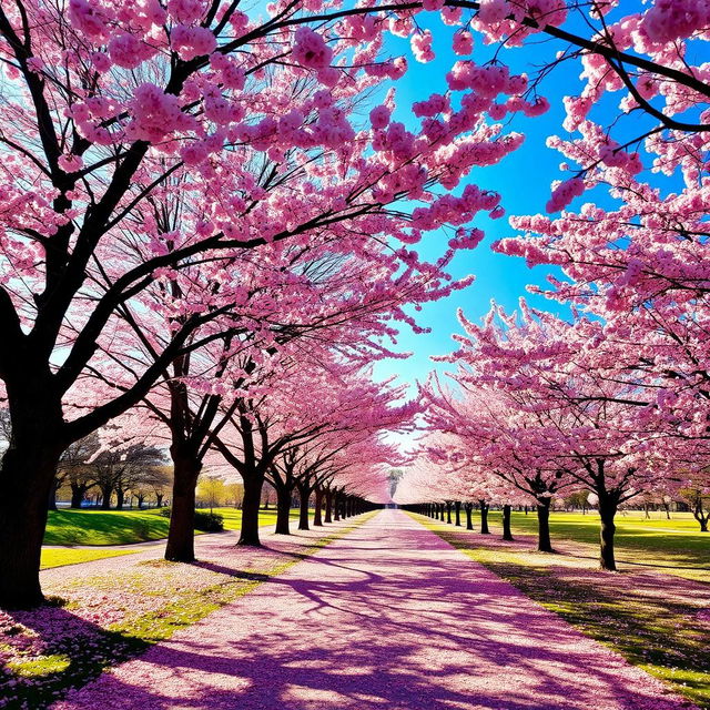 A serene pathway lined with beautiful pink cherry blossom trees, creating a picturesque scene in a tranquil park during spring