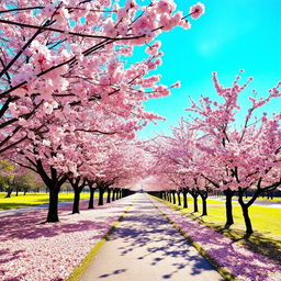 A serene pathway lined with beautiful pink cherry blossom trees, creating a picturesque scene in a tranquil park during spring