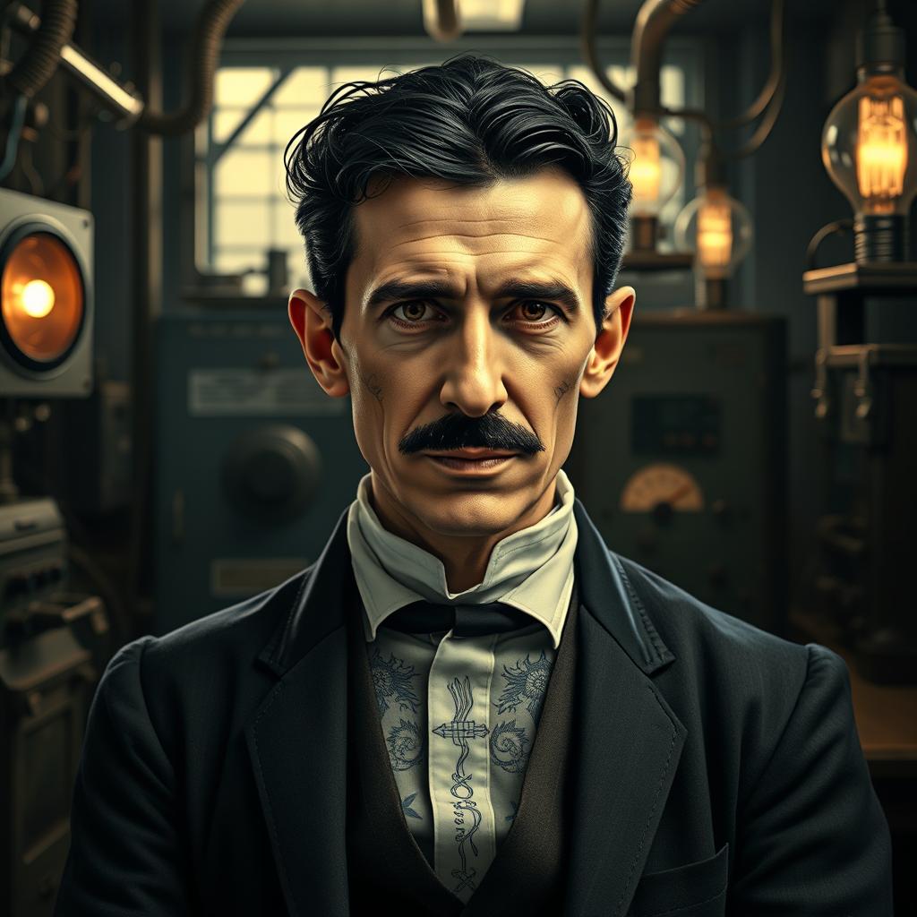 A portrait of Nikola Tesla reimagined with a modern twist, showcasing him adorned with intricate tattoos