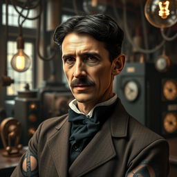 A portrait of Nikola Tesla reimagined with a modern twist, showcasing him adorned with intricate tattoos