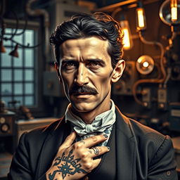 A portrait of Nikola Tesla reimagined with a modern twist, showcasing him adorned with intricate tattoos
