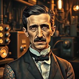 A portrait of Nikola Tesla reimagined with a modern twist, showcasing him adorned with intricate tattoos