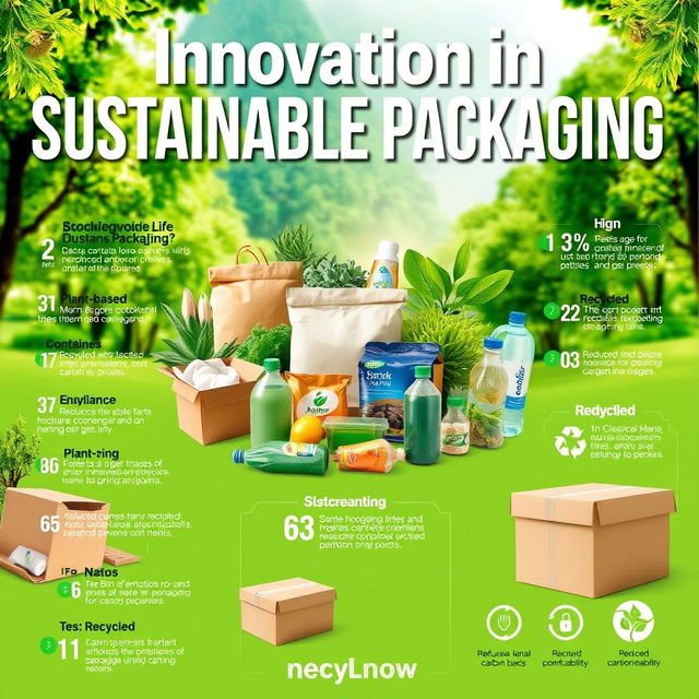 A vibrant and eye-catching poster on innovation in sustainable packaging, featuring a striking central image of a variety of eco-friendly packaging materials like biodegradable bags, plant-based containers, and recycled cardboard boxes