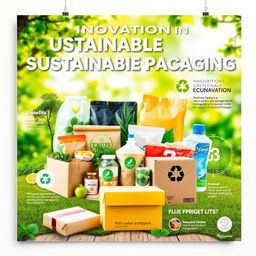 A vibrant and eye-catching poster on innovation in sustainable packaging, featuring a striking central image of a variety of eco-friendly packaging materials like biodegradable bags, plant-based containers, and recycled cardboard boxes