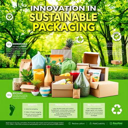 A vibrant and eye-catching poster on innovation in sustainable packaging, featuring a striking central image of a variety of eco-friendly packaging materials like biodegradable bags, plant-based containers, and recycled cardboard boxes