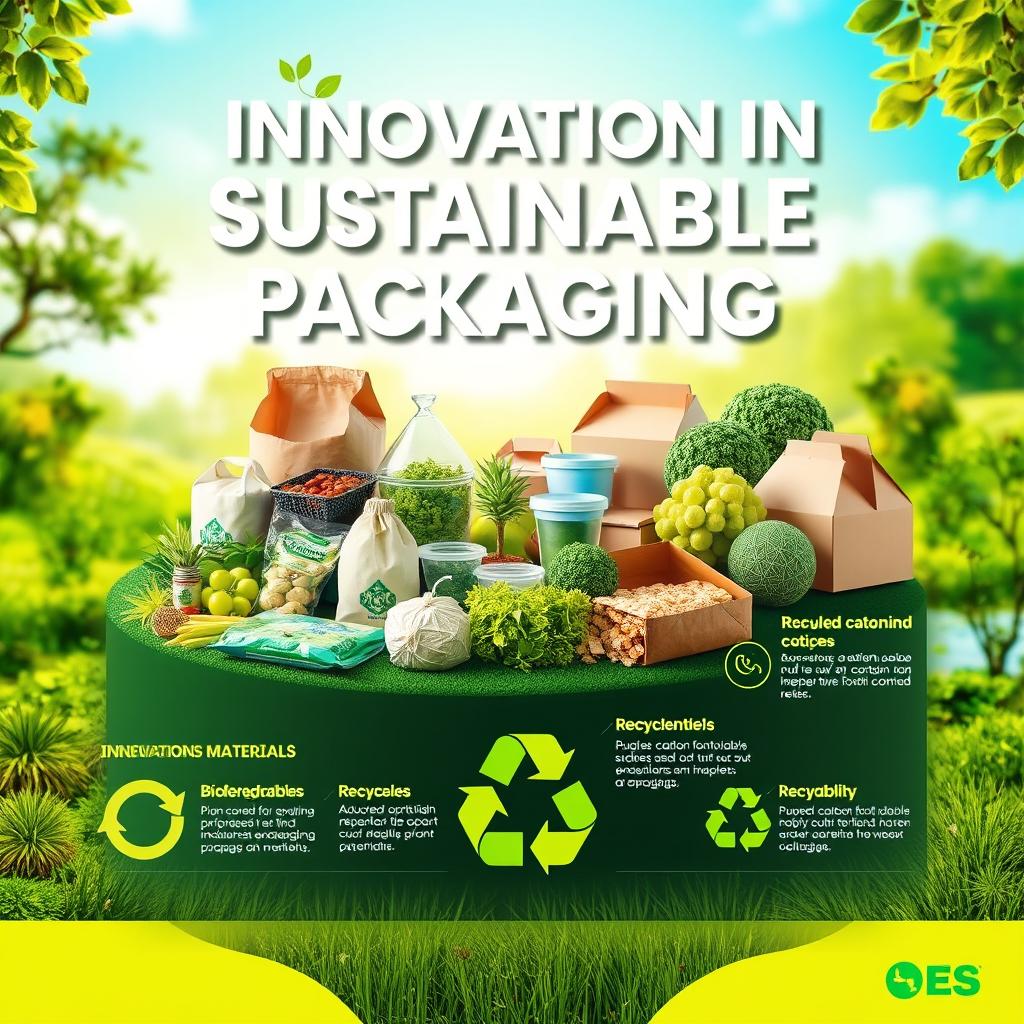 A vibrant and eye-catching poster on innovation in sustainable packaging, featuring a striking central image of a variety of eco-friendly packaging materials like biodegradable bags, plant-based containers, and recycled cardboard boxes