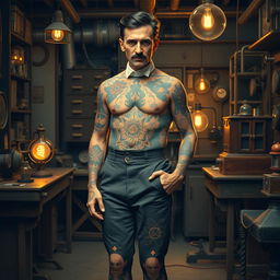 A full-body depiction of Nikola Tesla reimagined with vibrant tattoos covering his physique