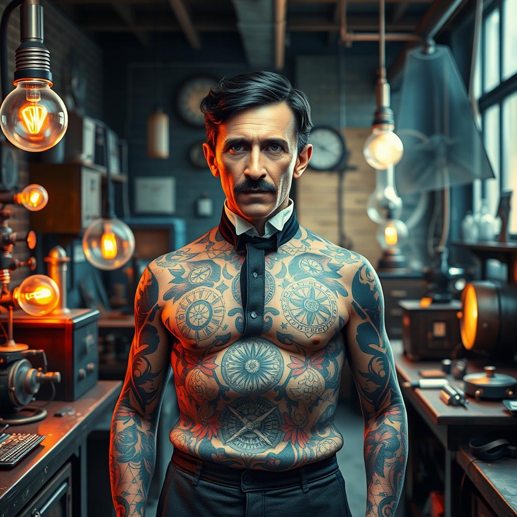 A full-body depiction of Nikola Tesla reimagined with vibrant tattoos covering his physique