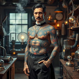 A full-body depiction of Nikola Tesla reimagined with vibrant tattoos covering his physique