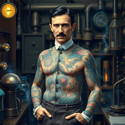A full-body depiction of Nikola Tesla reimagined with vibrant tattoos covering his physique