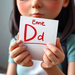 A 3D animation scene presenting a close-up of a young woman's hands, named Emma, holding a piece of paper marked with a large red letter 'D' indicating a bad grade on a test
