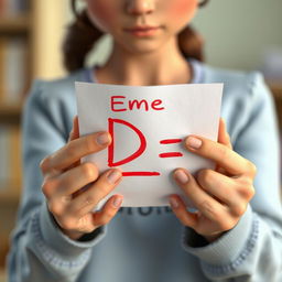 A 3D animation scene presenting a close-up of a young woman's hands, named Emma, holding a piece of paper marked with a large red letter 'D' indicating a bad grade on a test