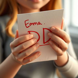 A 3D animation scene presenting a close-up of a young woman's hands, named Emma, holding a piece of paper marked with a large red letter 'D' indicating a bad grade on a test