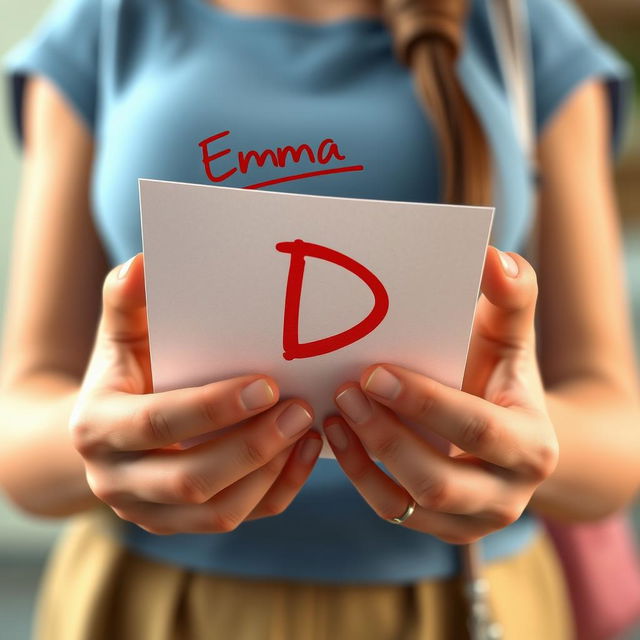 A 3D animation scene presenting a close-up of a young woman's hands, named Emma, holding a piece of paper marked with a large red letter 'D' indicating a bad grade on a test