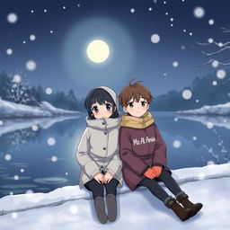A cozy winter night scene featuring a girl and a boy sitting by a serene pond