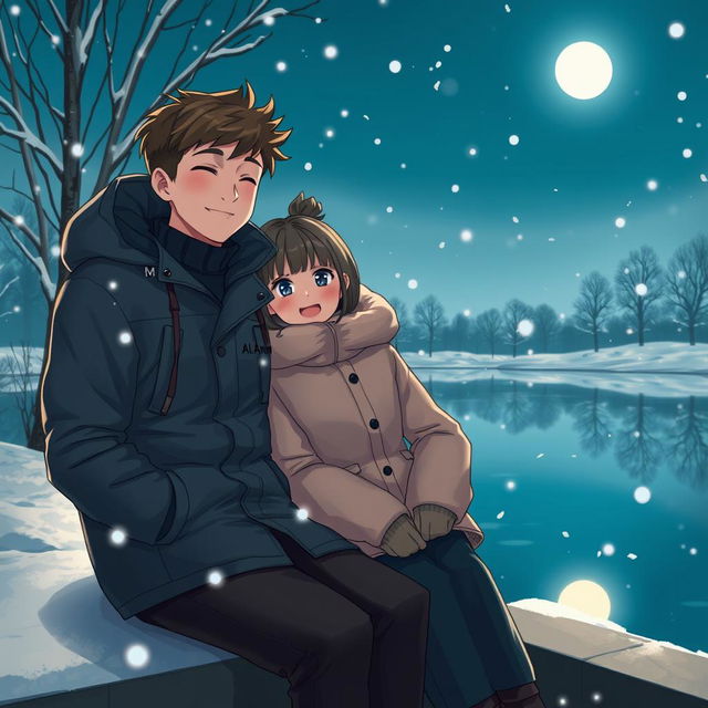 A cozy winter night scene featuring a girl and a boy sitting by a serene pond
