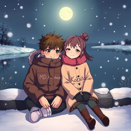 A cozy winter night scene featuring a girl and a boy sitting by a serene pond
