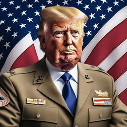 A high-quality, realistic digital art image depicting Donald Trump as a USA Army leader