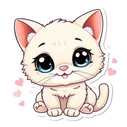 A cute cartoon-style sticker of an adorable cat with big sparkling eyes, fluffy fur, and a playful expression