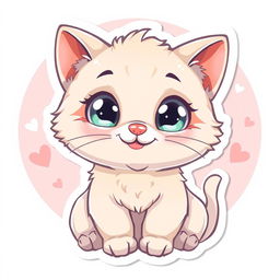 A cute cartoon-style sticker of an adorable cat with big sparkling eyes, fluffy fur, and a playful expression